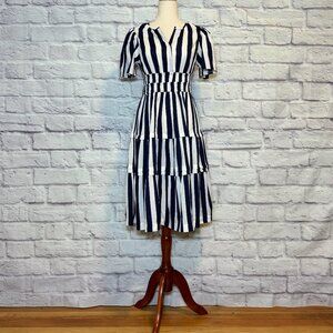 Wishing Waves Navy Blue & White Striped Tiered Knee-Length Dress